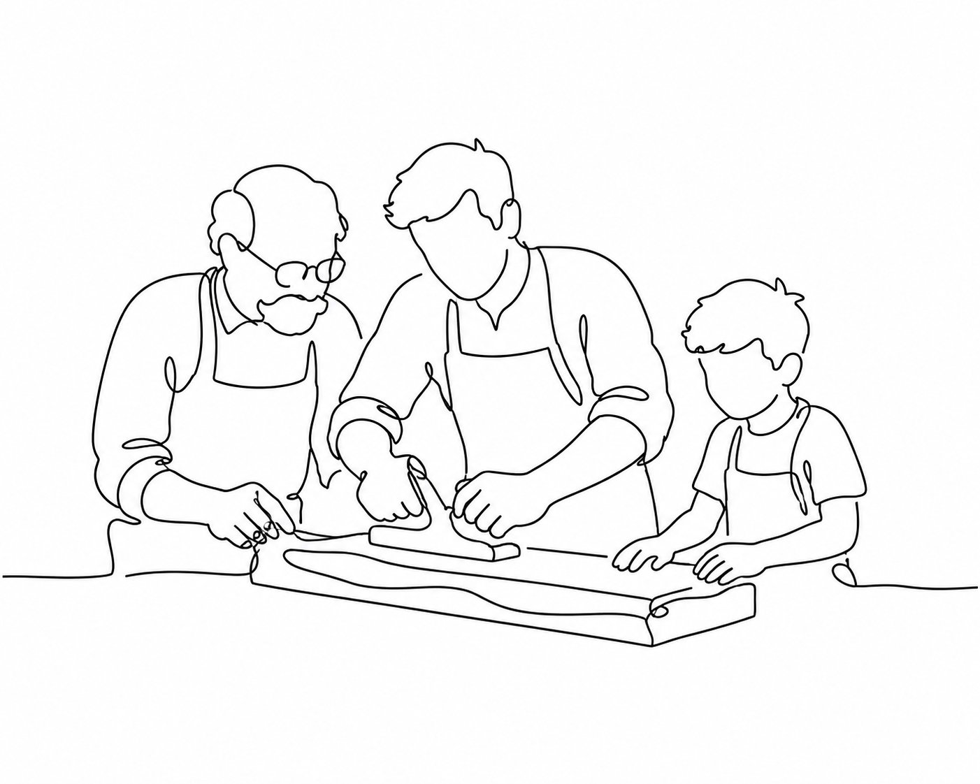 A doodle of a plump grandfather, a 40 year old man, and an 8 year old boy