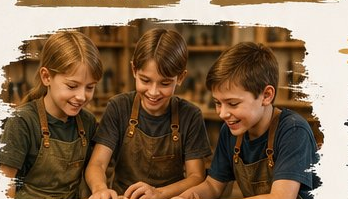Three young students in a kids woodworking class